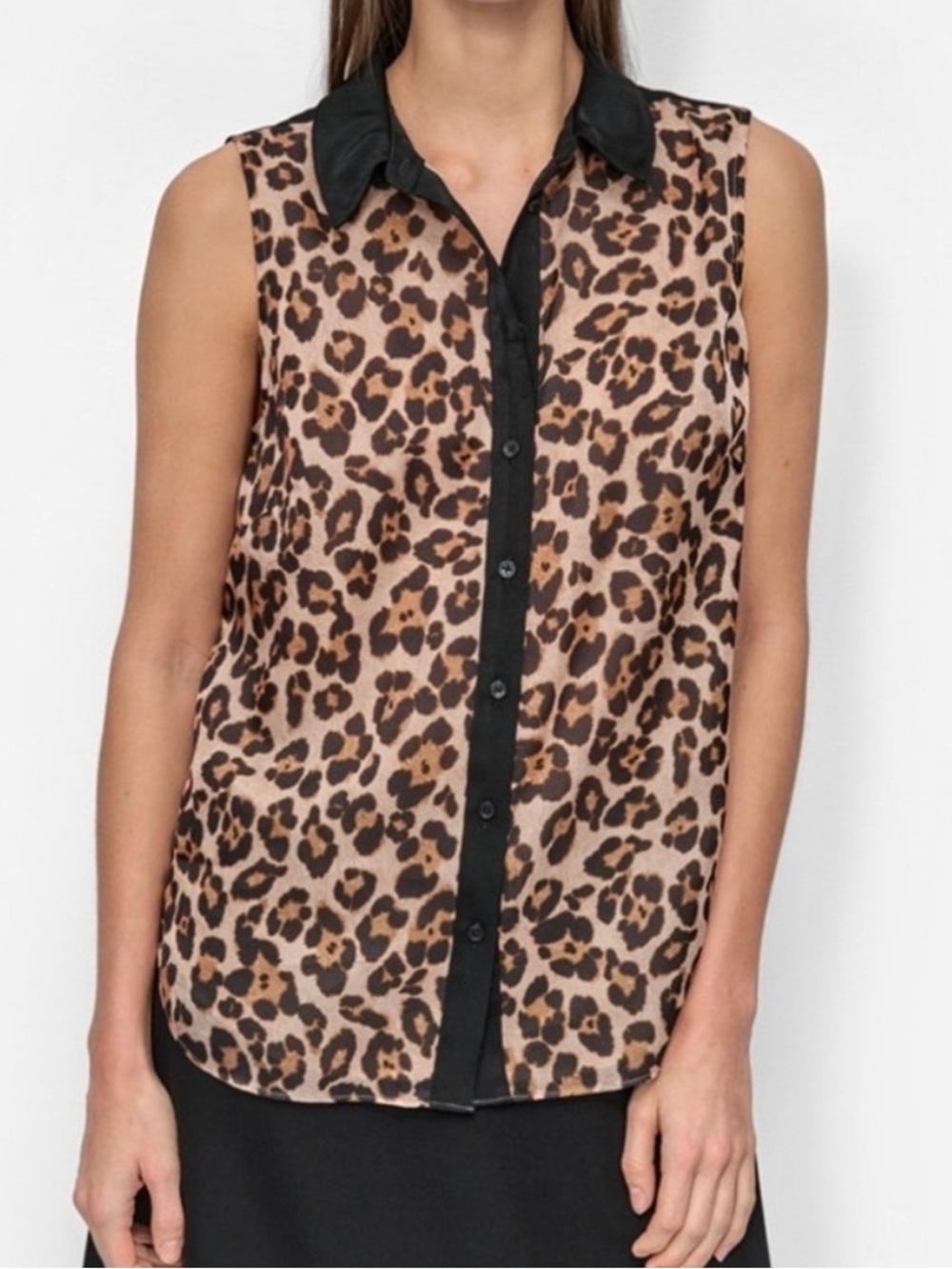 DKNY Sleeveless Leopard Print Button Up Blouse Black Satin Collar and Placket M